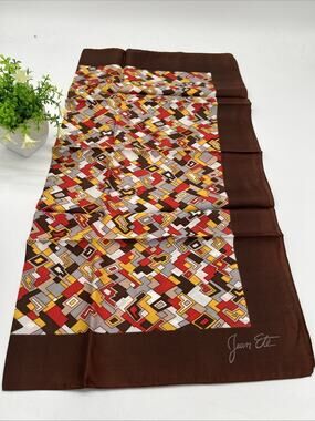 Vintage Jean Ete Retro Square Scarf 26” Brown White Red Geometric Head Wrap
